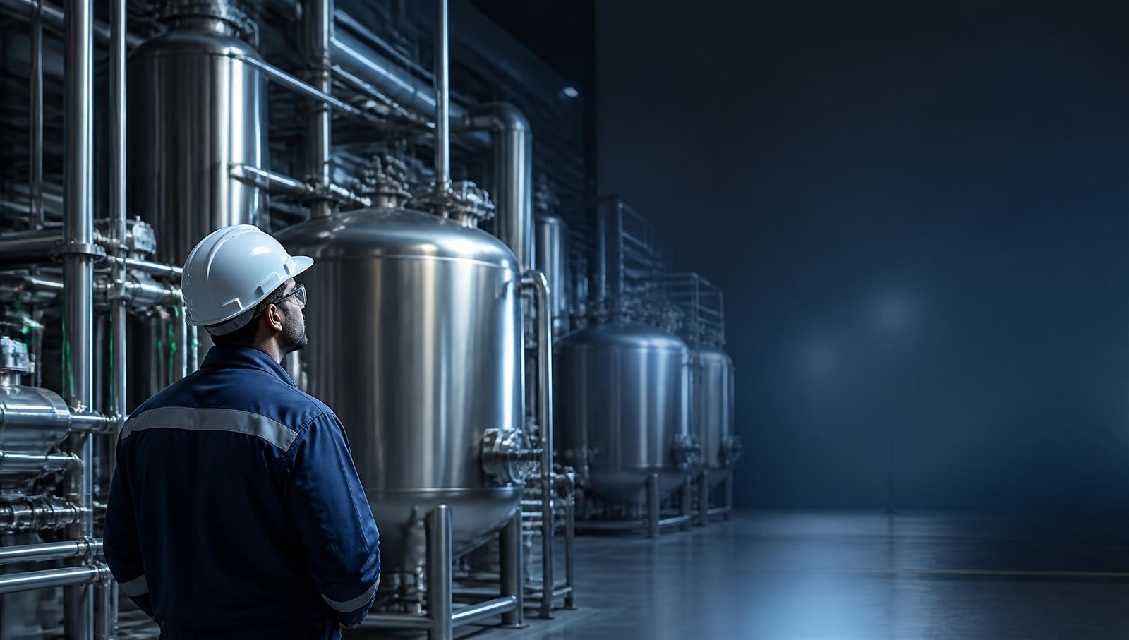 Engineer monitoring chemical production lines in a modern plant